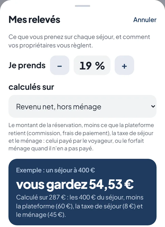 Le réglage de la commission dans l'application : 19 % sur le revenu net, hors ménage ; sur un séjour à 400 €, vous gardez 54,53 €