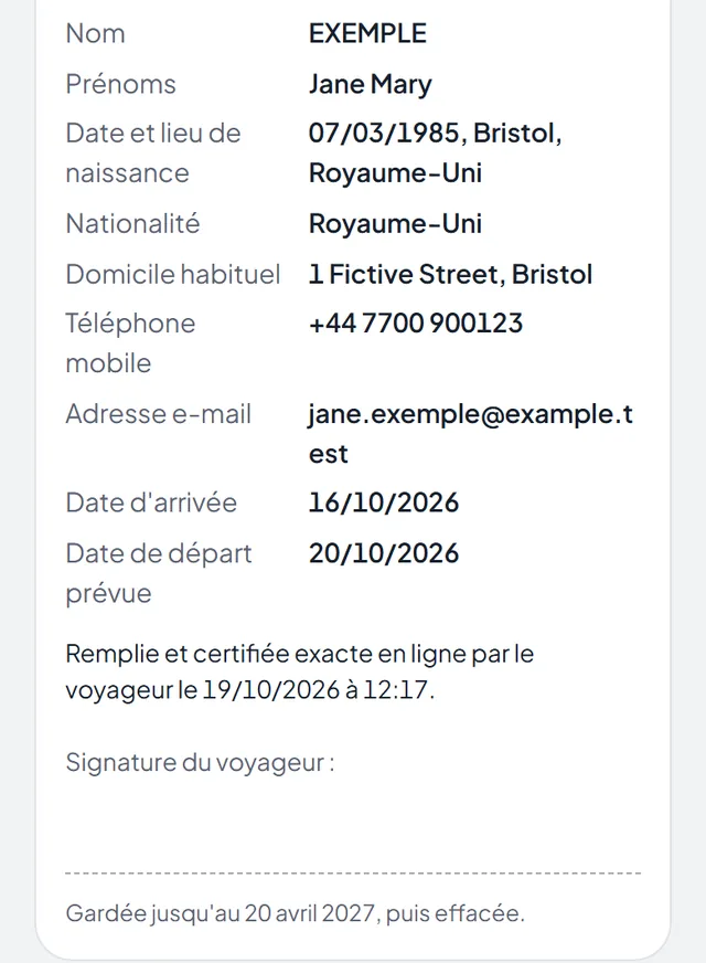Une fiche de police dans l'application, remplie en ligne par une voyageuse fictive, avec la ligne où elle signe et le jour où elle sera effacée