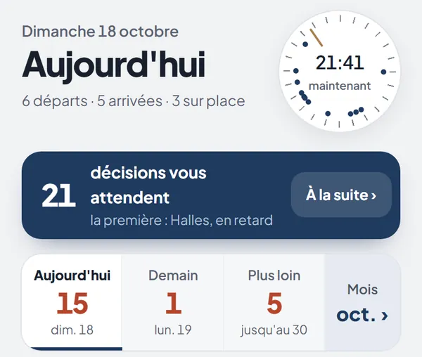 Le fil du jour dans l'application : six départs, cinq arrivées, et les décisions qui attendent